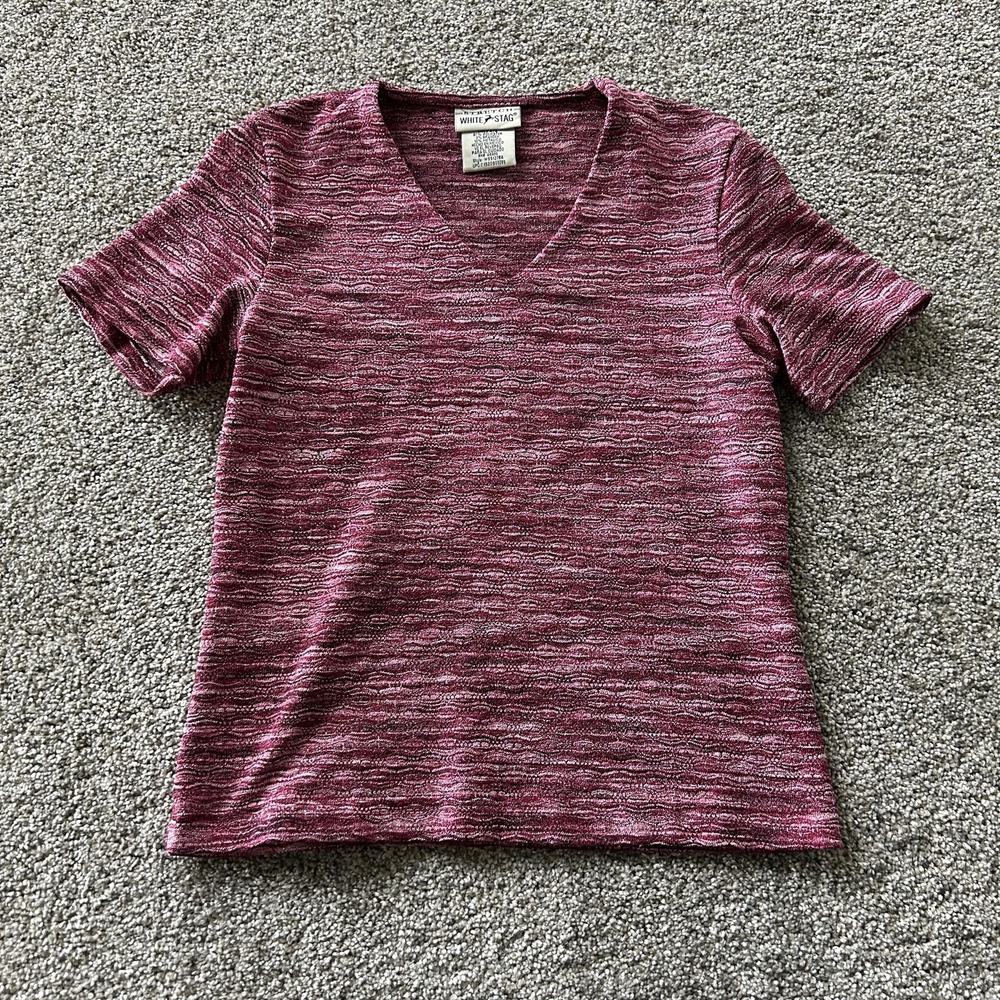White Stag Shirt Womens S Pink Striped V Neck Short Sleeve Metallic Knit Top